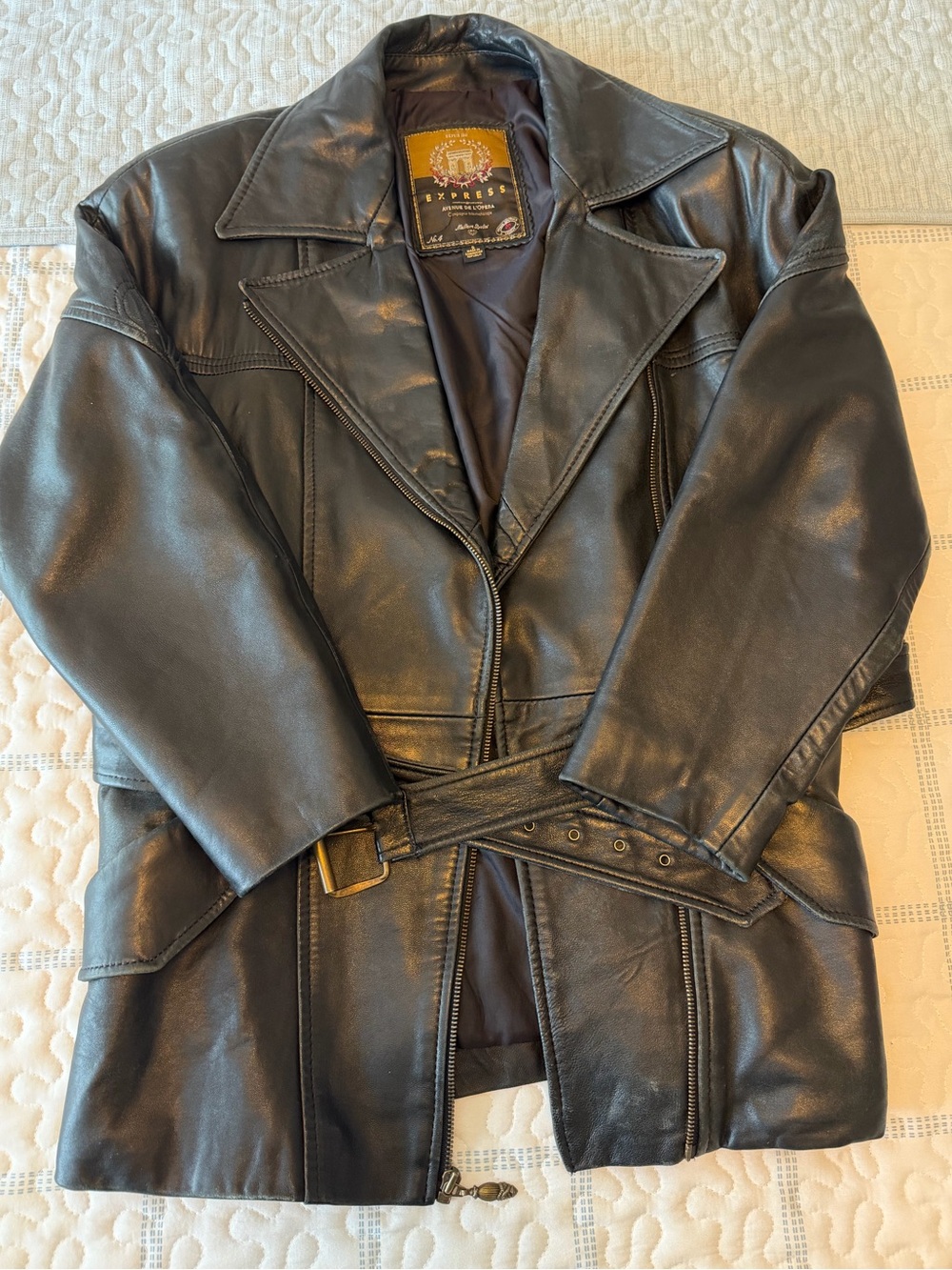 Express Black Leather Coat with Belted Waist